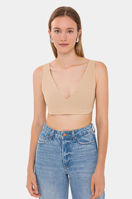 V-Ausschnitt Ärmelloses Gewebtes Cropped Top - Image 1