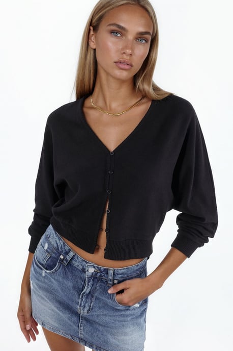 V-Neck Ribbed Crop Cardigan - Image 1