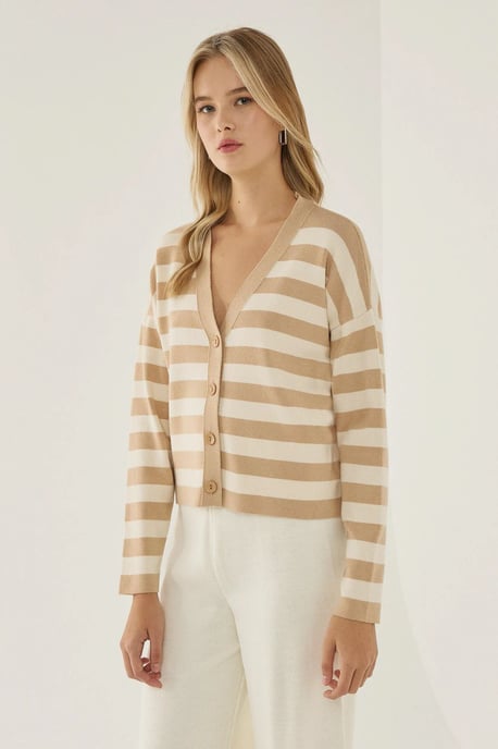 Gestreifter V-Ausschnitt-Cardigan mit Knopfdetails - Image 2