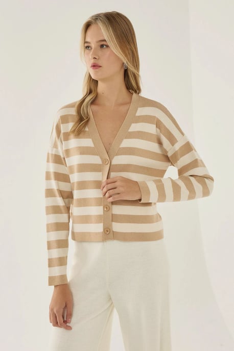 Gestreifter V-Ausschnitt-Cardigan mit Knopfdetails - Image 4