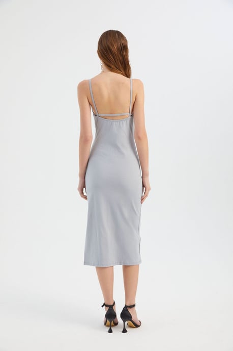 Scoop-Hals Spaghetti-Träger Midi Bodycon Kleid mit seitlichem Schlitz - Image 4