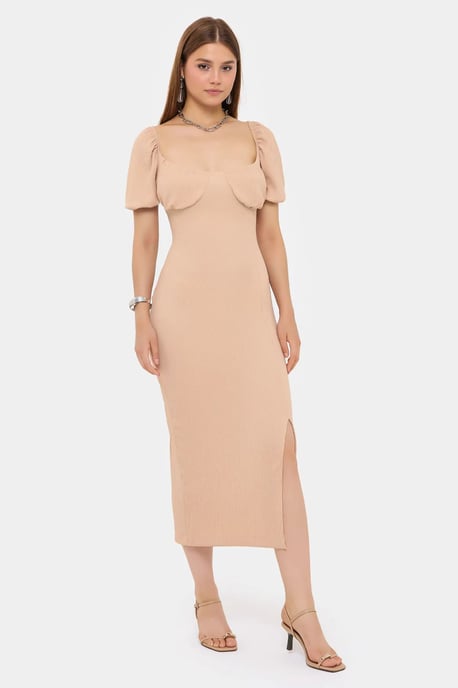 Herzen-Ausschnitt Puffärmel Midi-Kleid mit Schlitzen an der Seite - Image 1