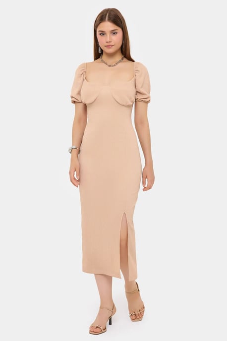 Herzen-Ausschnitt Puffärmel Midi-Kleid mit Schlitzen an der Seite - Image 2