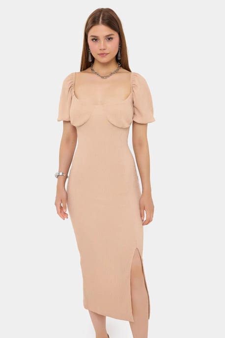 Herzen-Ausschnitt Puffärmel Midi-Kleid mit Schlitzen an der Seite - Image 3