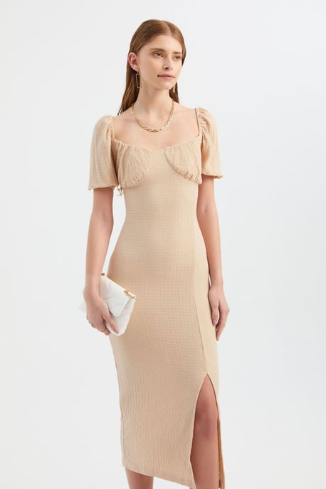 Herzchen-Ausschnitt Midi-Kleid mit gerafften Ballonärmeln und Seitenschlitz - Image 1