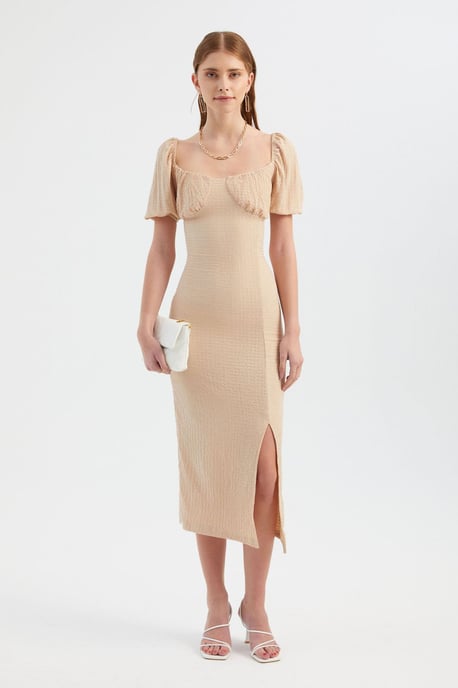 Herzchen-Ausschnitt Midi-Kleid mit gerafften Ballonärmeln und Seitenschlitz - Image 2