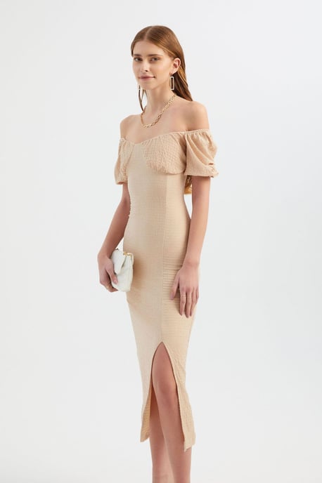 Herzchen-Ausschnitt Midi-Kleid mit gerafften Ballonärmeln und Seitenschlitz - Image 3