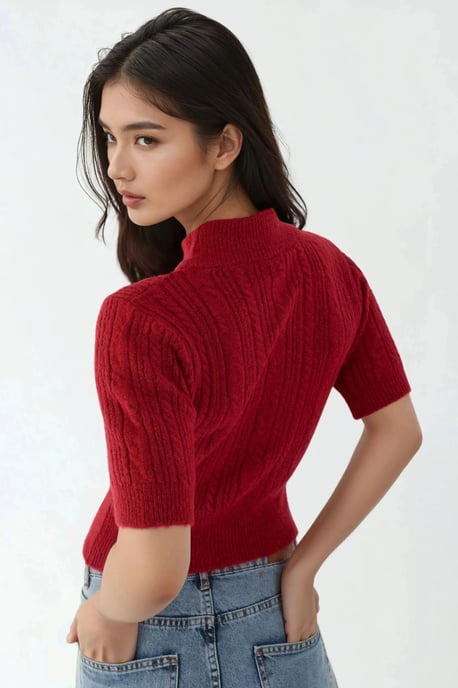 Kurze Ärmel Halb Stehkragen Haarglanz Strickpullover - Image 3