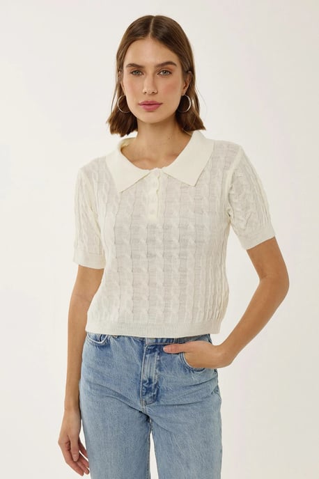 Shirtkragen Strickoberteil mit Haarzopf-Muster - Image 1