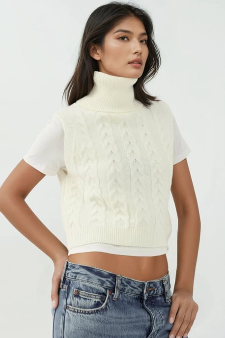 Rollkragen-Strickpullover-Weste mit Haargflecht-Muster - Image 2