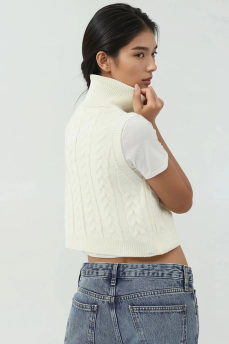 Rollkragen-Strickpullover-Weste mit Haargflecht-Muster - Image 3