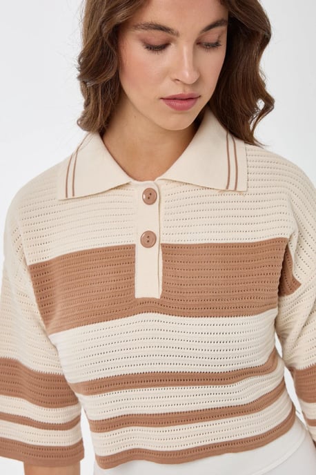 Gestreifter Cropped-Pullover mit Polohemdkragen - Image 4