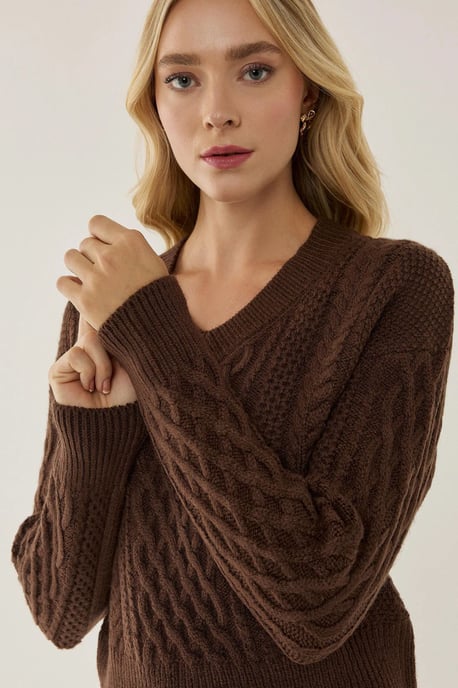 V-Ausschnitt Haarknoten Strickpullover - Image 4