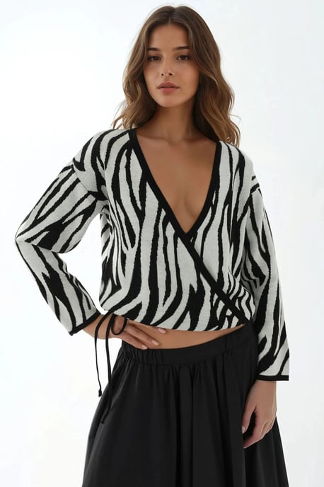 Zebramuster V-Ausschnitt Pullover - Image 1