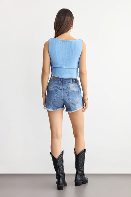 Rundhals-Musselin-Crop-Top mit Seitenbindung - Image 3