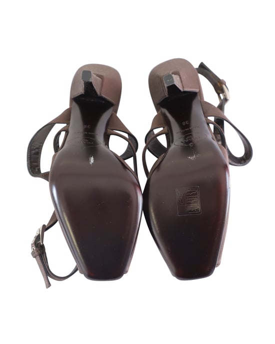 Prada Riemchensandalen mit hohem Absatz aus braunem Satin - Image 5