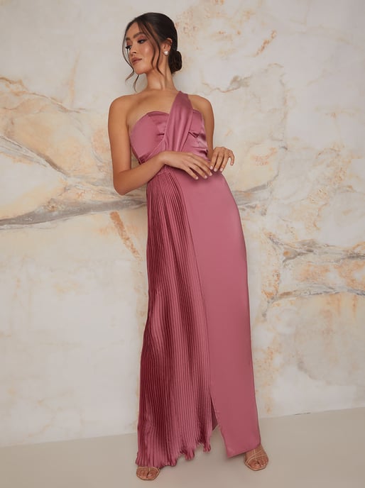 Pleated Satin One Shoulder Bridesmaid Maxi Dress in Pink - Image 3
