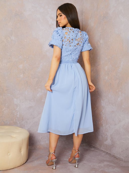 Puff Sleeve Premium Lace Midi Dress in Blue - Image 3
