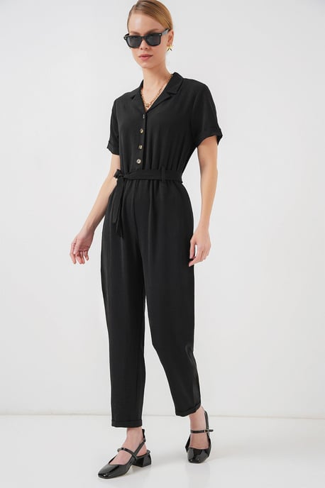 Einfarbiger Woven Overall mit Kragen und Schleifendetail - Image 1