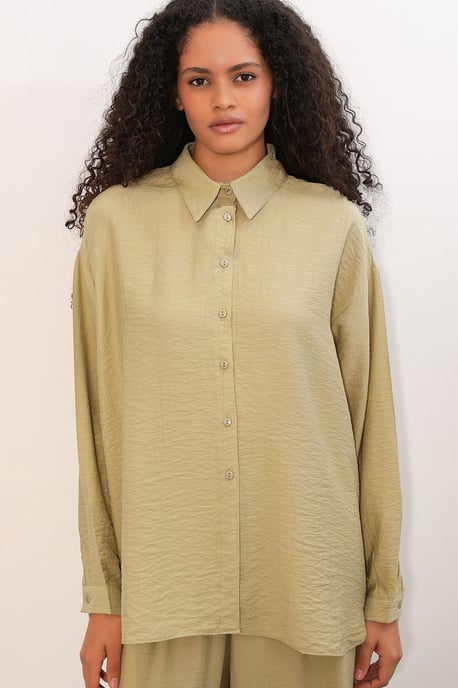 Big Dart Strukturiertes Button-down-Langarmhemd - Khaki - Image 2