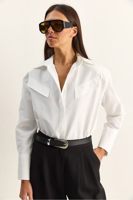 Lässige Langarm-Hemdbluse aus Popeline mit Tasche - Image 4