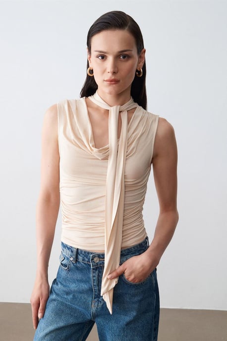 Ärmellose Cowl-Neck-Jersey-Bluse - Image 3