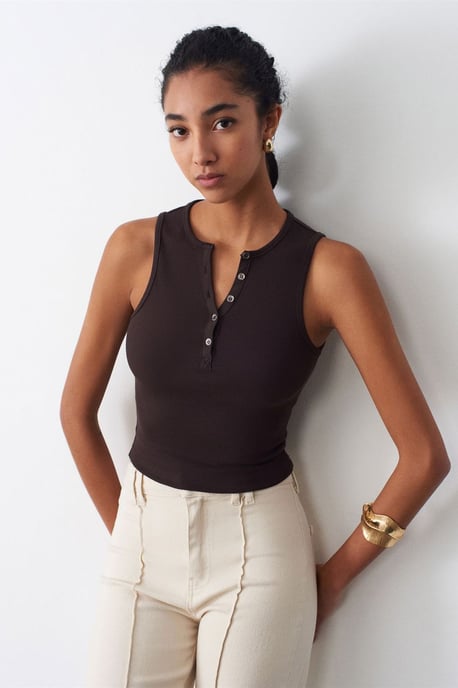 Damen Rippstrick Baumwollmischung Cropped Top - Image 2