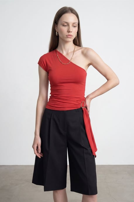 Schlanke Passform Off-Shoulder Jersey-Bluse mit Bindegürtel - Image 1