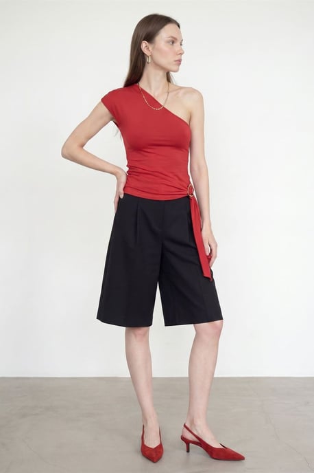 Schlanke Passform Off-Shoulder Jersey-Bluse mit Bindegürtel - Image 3