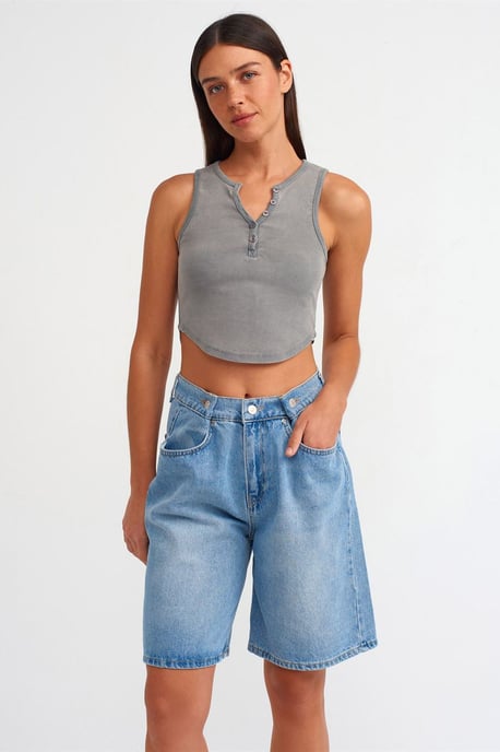 Damen Ripp-Crop-Bluse mit Knöpfen - Image 3
