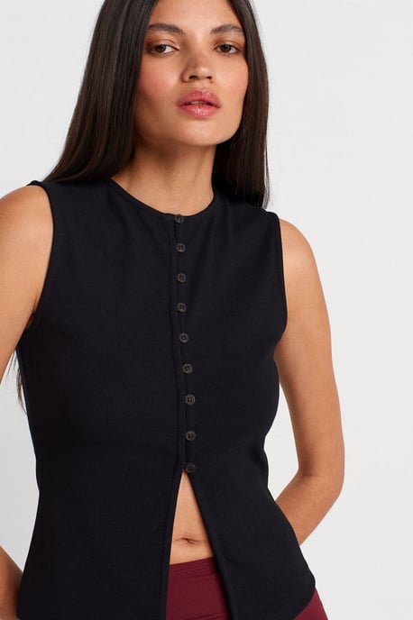 Rippenshirt Ärmellose Knopfleiste Bluse - Image 3