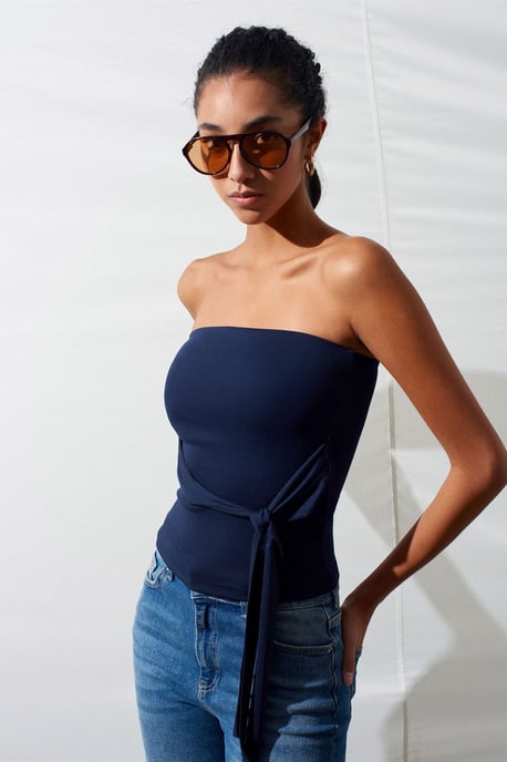 Trägerlose Slim-Fit-Jersey-Bluse mit Bindedetail - Image 1