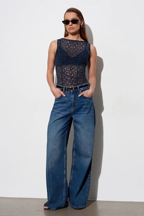 Dilvin Taillierte ärmellose Bluse aus Spitze - Marineblau - Image 4