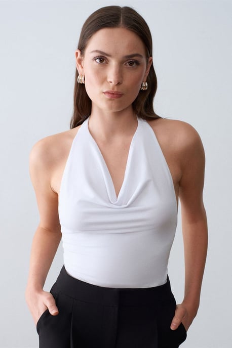 Ärmellose Bluse mit Schlauchkragen und Bindegürtel - Image 1