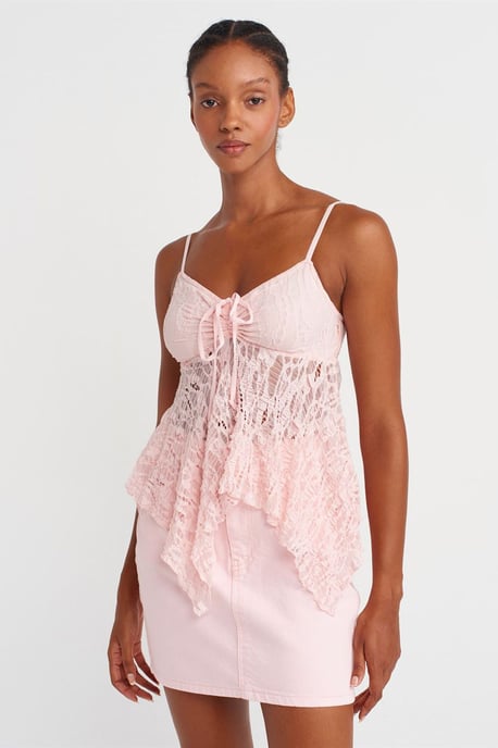 Dilvin Spitzen-Cami-Bluse mit quadratischem Ausschnitt und Bindeband vorne - Rosé - Image 1