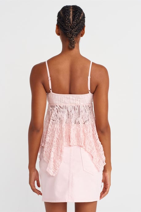 Dilvin Spitzen-Cami-Bluse mit quadratischem Ausschnitt und Bindeband vorne - Rosé - Image 2