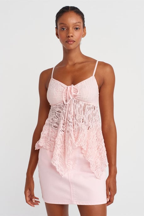 Dilvin Spitzen-Cami-Bluse mit quadratischem Ausschnitt und Bindeband vorne - Rosé - Image 3