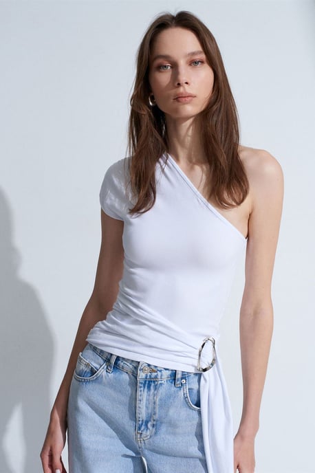 Schlanke Passform Jersey-Bluse mit Off-Shoulder und Bindedetail - Image 4
