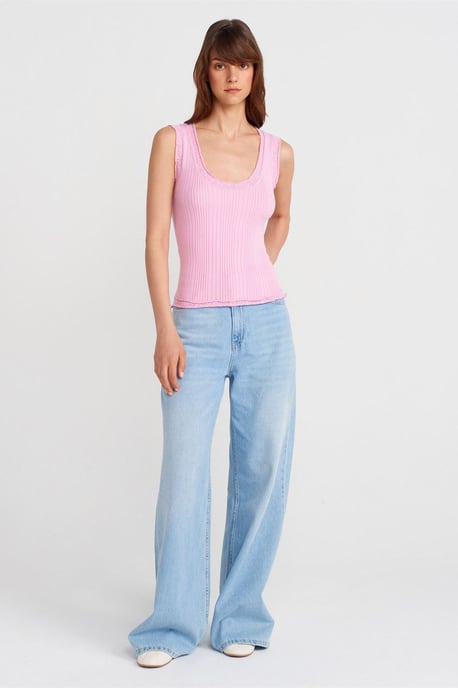Dilvin Rippenloses ärmelloses Cami-Top - Rosé - Image 4