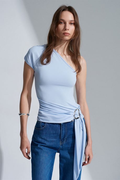 Schlanker Schnitt Off-Shoulder-Jersey-Bluse mit Bindedetail - Image 3