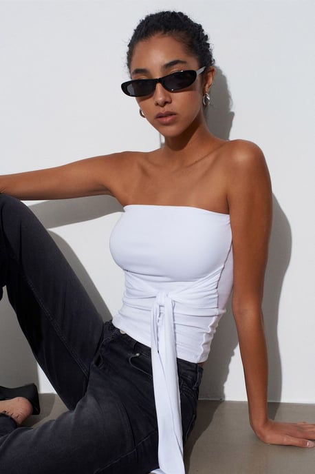 Trägerlose Slim-Fit-Jersey-Bluse mit Bindedetail - Image 3