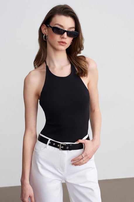 Schlanke Passform Halterneck Jersey Bluse - Image 1