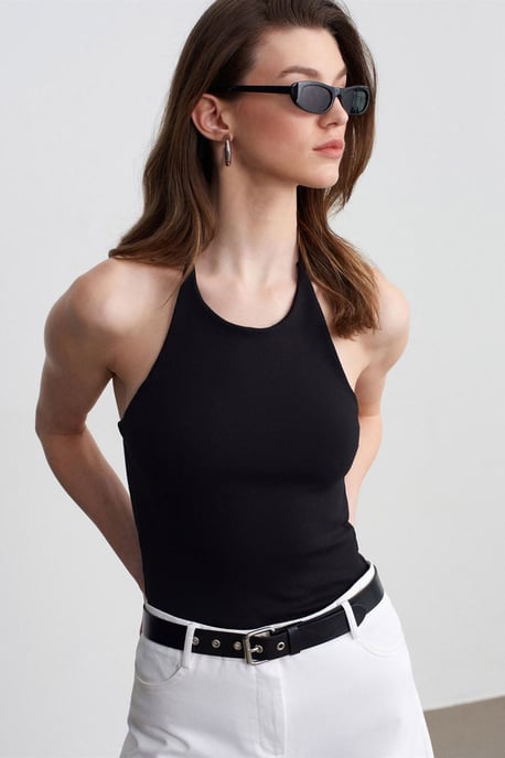 Schlanke Passform Halterneck Jersey Bluse - Image 3
