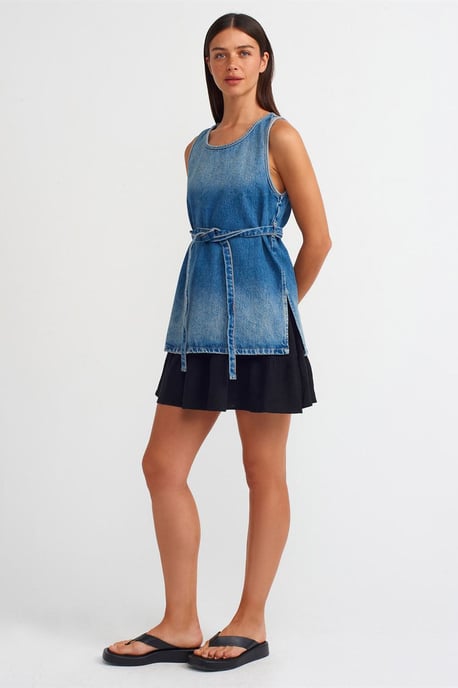 Baumwolle Denim Tunika-Bluse mit Bindeband - Image 3