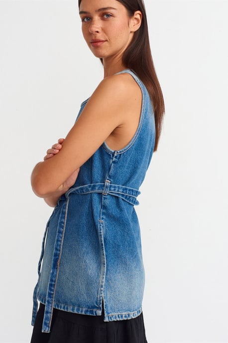 Baumwolle Denim Tunika-Bluse mit Bindeband - Image 4