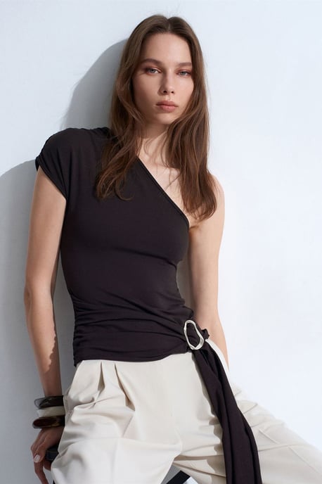 Schlanke Passform Off-Shoulder-Jersey-Bluse mit Bindeschnürung - Image 1