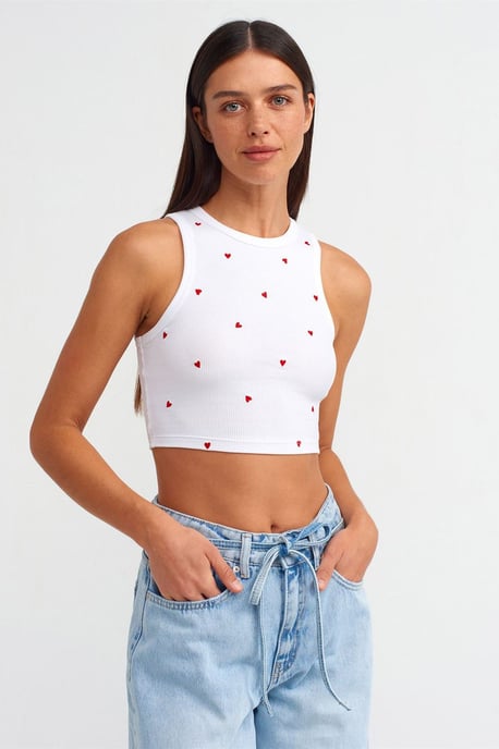 Damen Rippstrick Herzbesticktes Crop-Top - Image 1