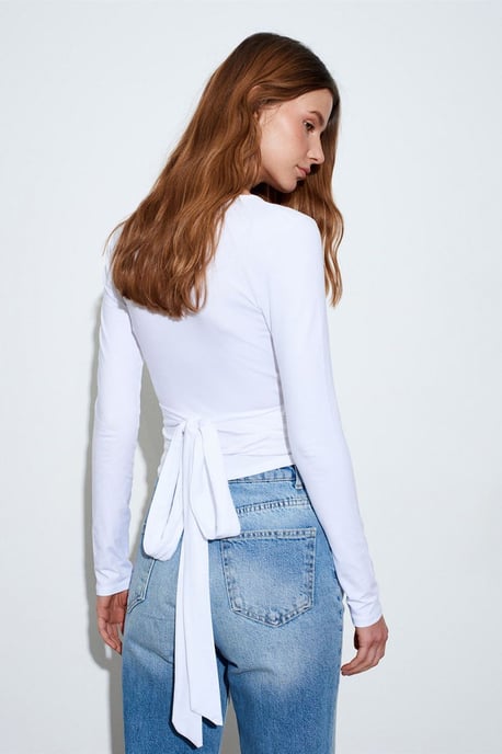 Damen Crop-Wrap-Bluse mit Bindeband - Image 3