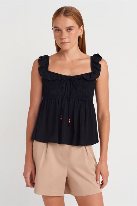 Ärmellose Bluse mit quadratischem Ausschnitt und Bindeband vorne - Image 1