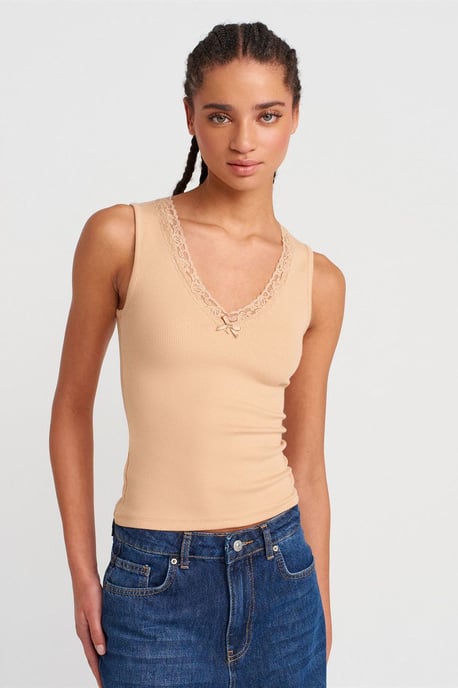 Ärmellose Spitzen-Ripp-V-Ausschnitt-Bluse - Image 1
